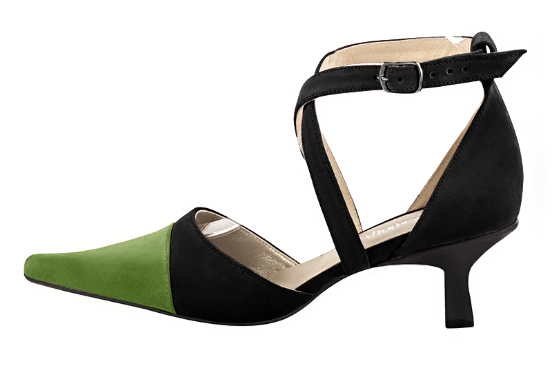 Grass green and matt black women's open side shoes, with crossed straps. Pointed toe. Medium spool heels. Profile view - Florence KOOIJMAN